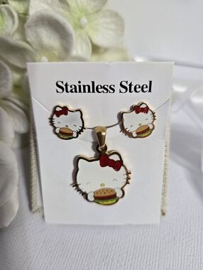 Hello Kitty Hamburger Stainless Steel Post Earrings and Necklace Set